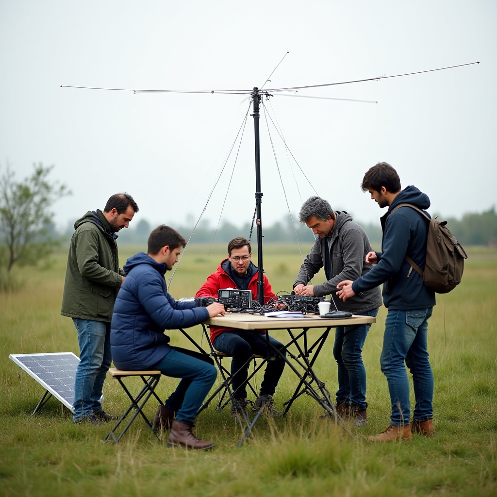 Participantes montando estación de radio portátil en campo abierto durante ejercicio field day