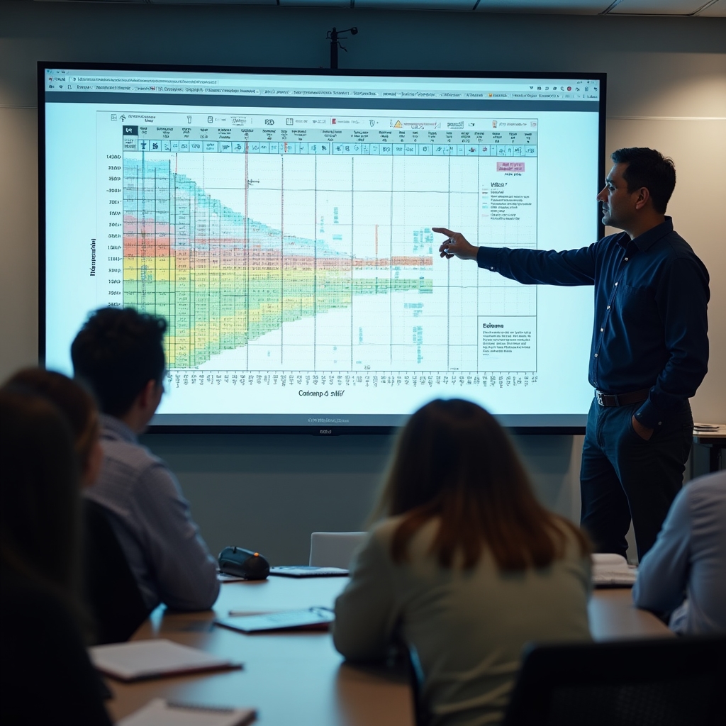 Instructor señalando mapa de bandas de frecuencia en pantalla grande durante taller