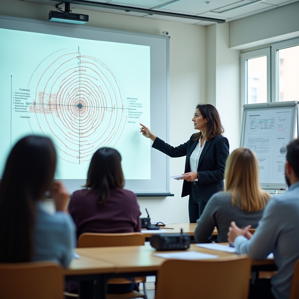 Sesión teórica de radioafición con instructor explicando conceptos de propagación