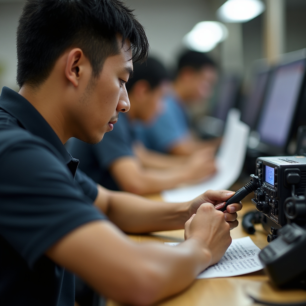 Participante ajustando transceptor de radio en sesión práctica de laboratorio