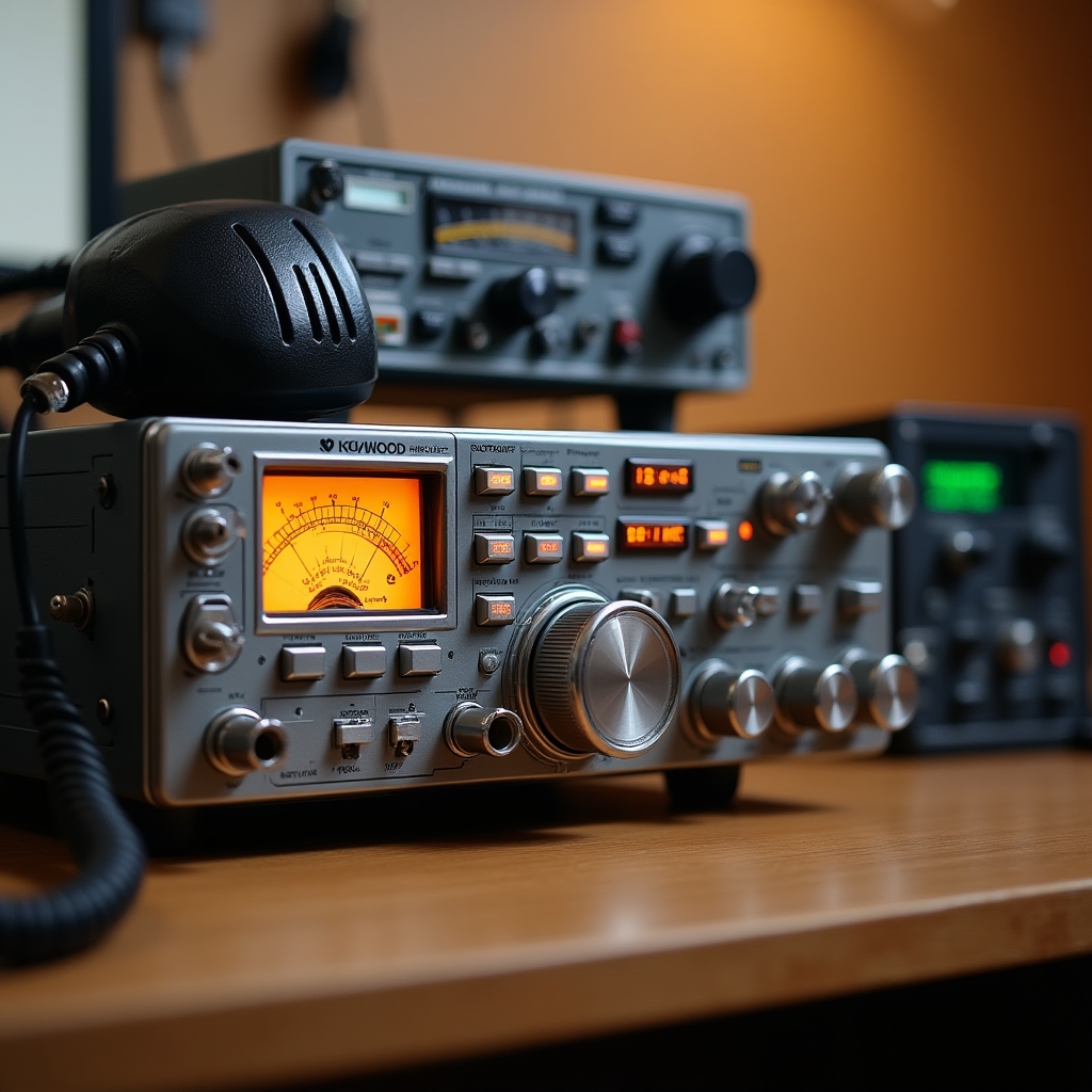 Estación de radio con transceptor y micrófono en entorno de formación