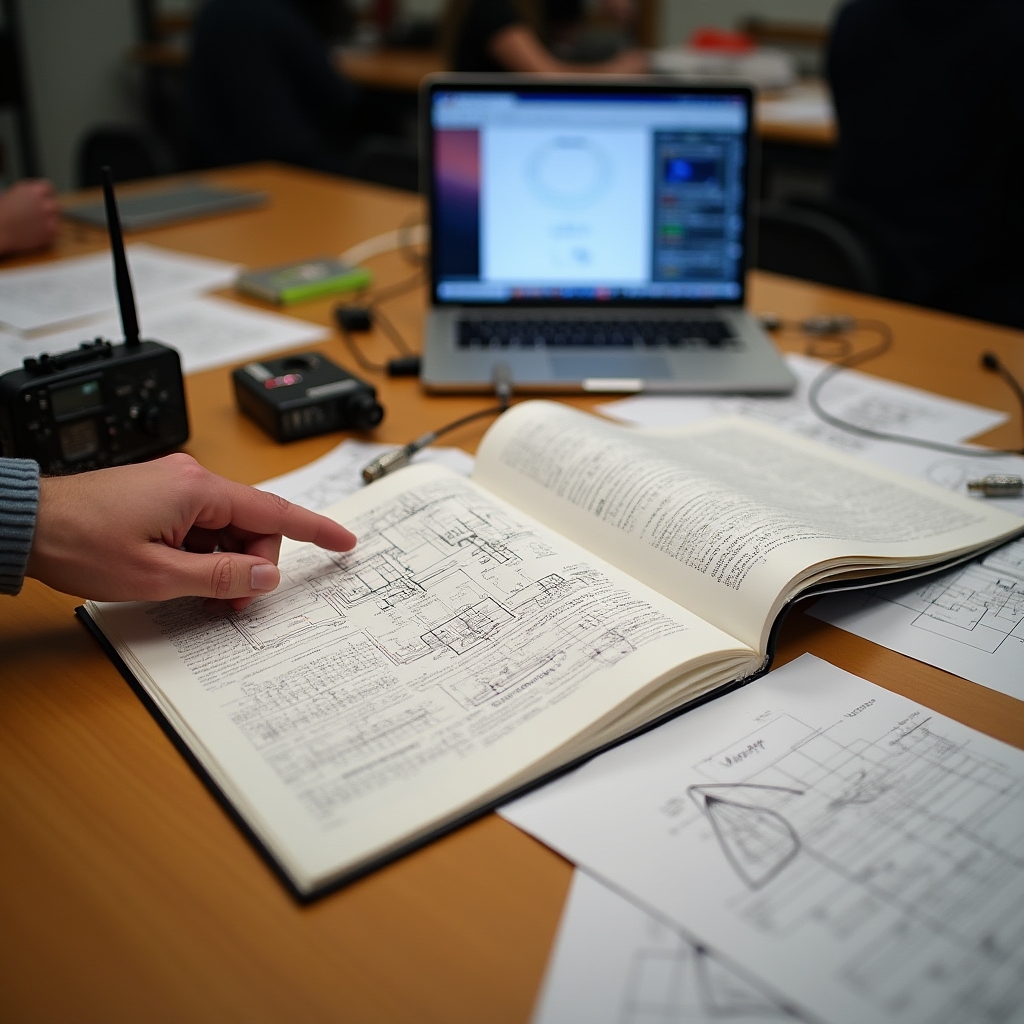 Taller de fundamentos de radio con instructor y participantes revisando diagramas de ondas